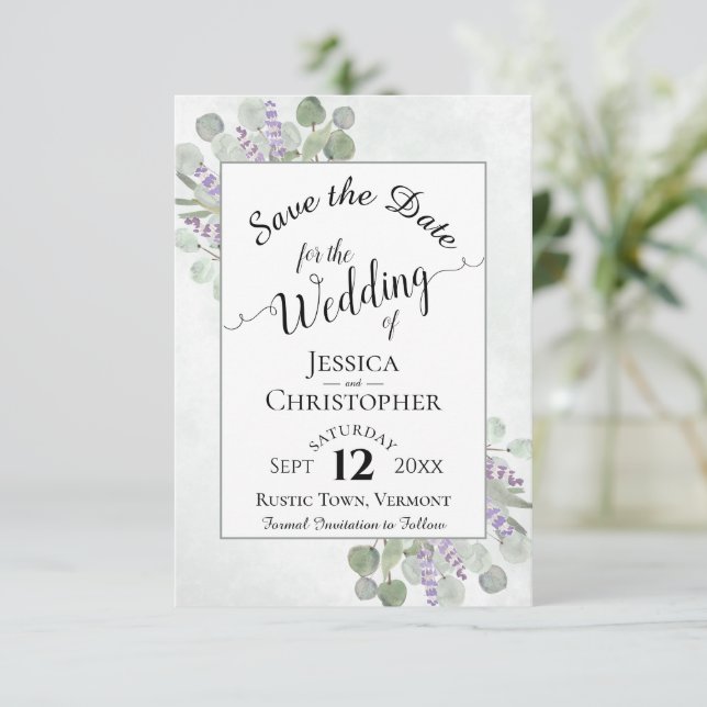Reserva La Fecha Elegante caligrafía Eucalyptus y Boda Lavender (Anverso de pie)