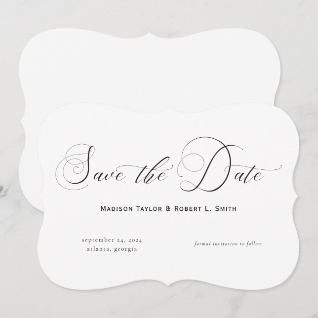 Reserva La Fecha Elegante caligrafía formal Boda blanco negro (Anverso / Reverso)
