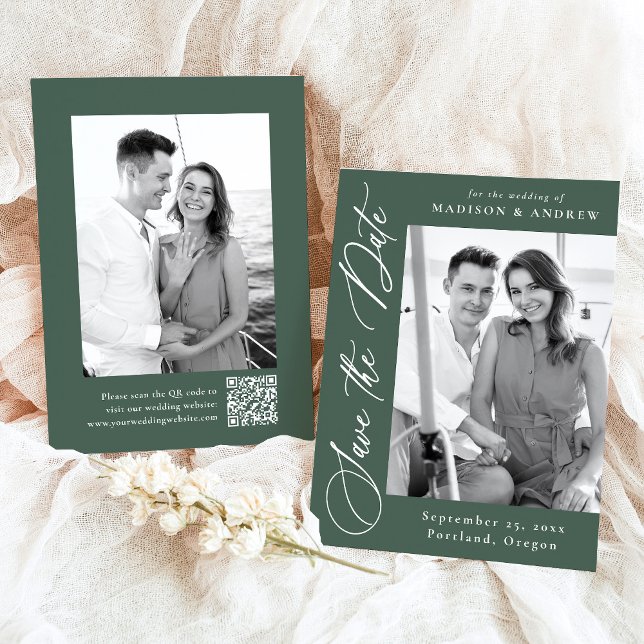 Reserva La Fecha Elegante caligrafía Foto verde Boda de código QR (Subido por el creador)