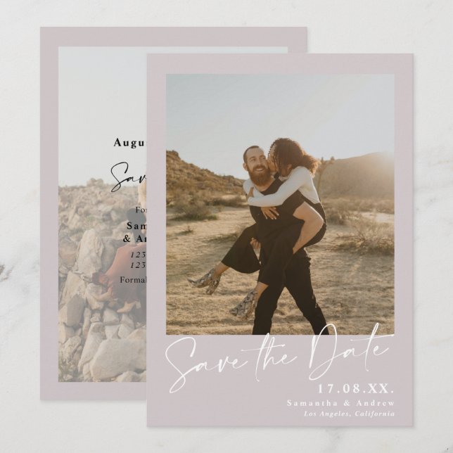 Reserva La Fecha Elegante caligrafía lila 2 fotos guardar la fecha (Anverso / Reverso)