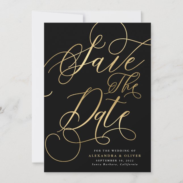 Reserva La Fecha Elegante caligrafía oro y Boda negro (Anverso)