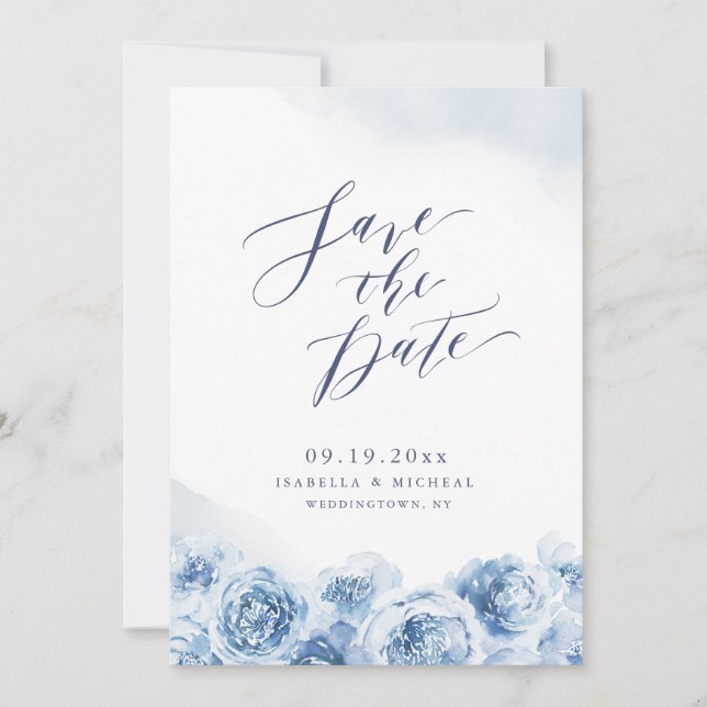 Reserva La Fecha Elegante caligrafía polvoriento boda floral azul (Anverso)