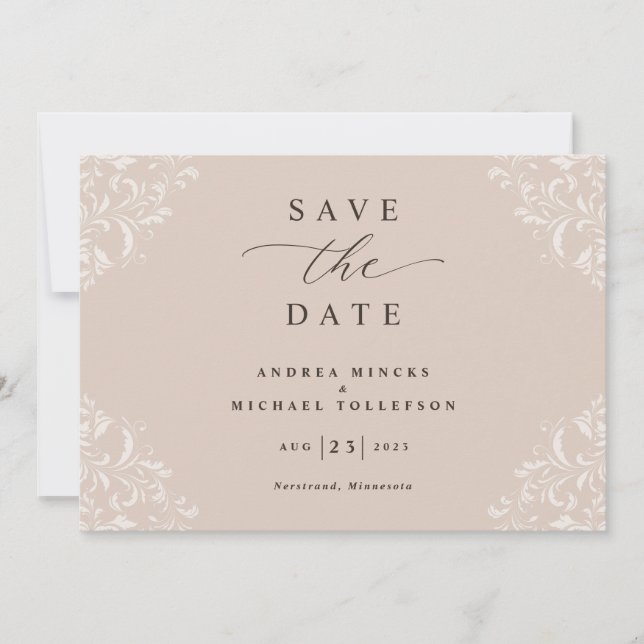 Reserva La Fecha Elegante Champagne Tan Boda Vintage (Anverso)