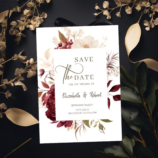 Reserva La Fecha Elegante Chic Burgundy  Flores Salvar La Fecha (Subido por el creador)