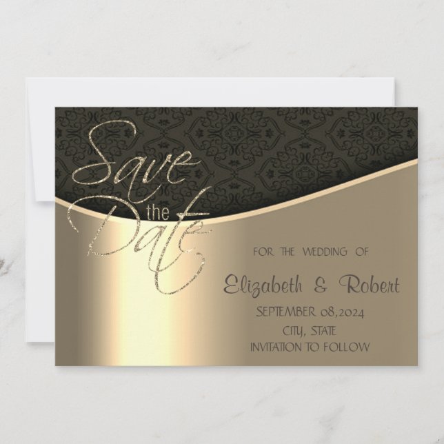 Reserva La Fecha Elegante Chic Damask Negro Oro Salvar La Fecha (Anverso)