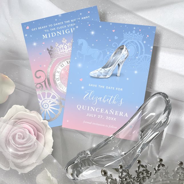 Reserva La Fecha Elegante Cinderella Azul Claro y Rosa Quinceanera (Light blue and pink quinceanera save the dates that will bring a touch of magic to your special day!)
