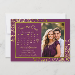 Reserva La Fecha Elegante Ciruela Magenta y Calendario de Foto Dora
