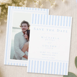 Reserva La Fecha Elegante Clásico Foto de Boda con Raya Azul