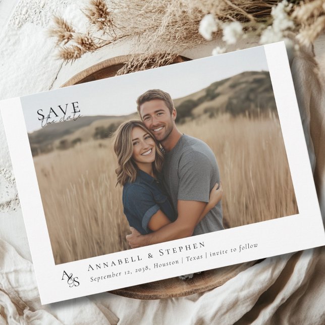 Reserva La Fecha Elegante, Clásico, Monograma, Blanco, Boda 1 Foto (Elegant, Classic, Monogram, White, Wedding 1 Photo Save The Date Carf.)