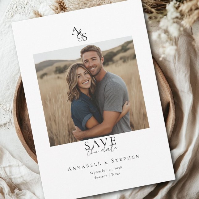 Reserva La Fecha Elegante, clásico, monograma, blanco, Boda 1 Foto (Elegant, Classic, Monogram, White, Wedding 1 Photo Save The Date Card)