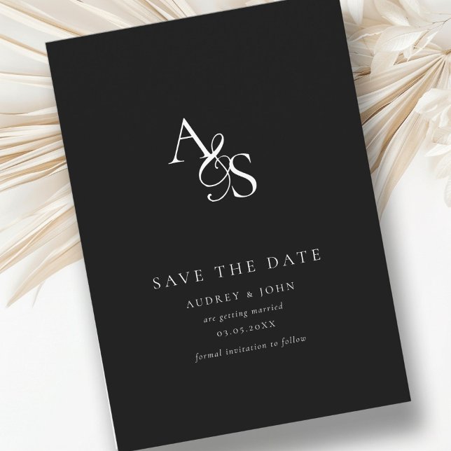 Reserva La Fecha Elegante, Clásico, Monograma, Negro, Boda (Elegant, Classic, Monogram, White, Wedding Save The Date.  Black + White, Print & Download.)