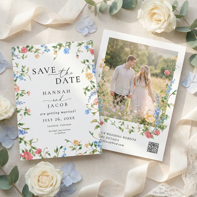 Reserva La Fecha Elegante código QR de boda con flores silvestres (Subido por el creador)