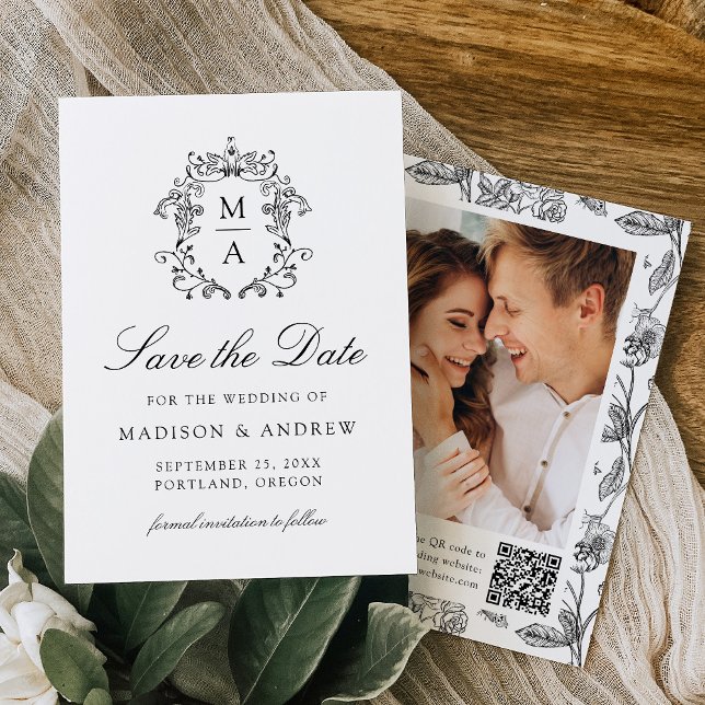 Reserva La Fecha Elegante Código QR de Boda Floral Chinoiserie Negr (Subido por el creador)