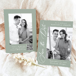 Reserva La Fecha Elegante código QR de foto en verde sabio caligraf