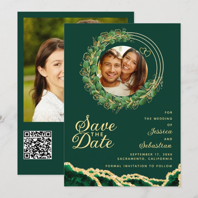 Reserva La Fecha Elegante código QR de fotos verde y oro de Esmeral (Anverso / Reverso)