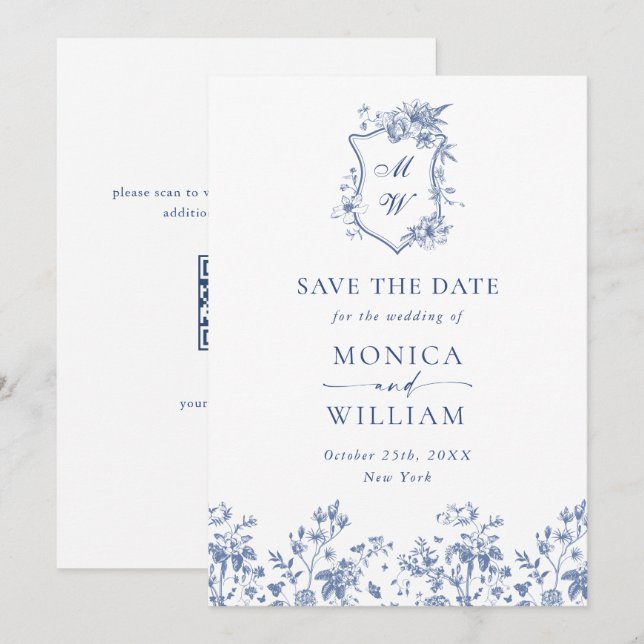 Reserva La Fecha Elegante código QR del Boda floral del Blue Garden (Anverso / Reverso)