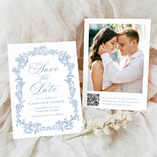 Reserva La Fecha Elegante código QR floral victoriano azul boda