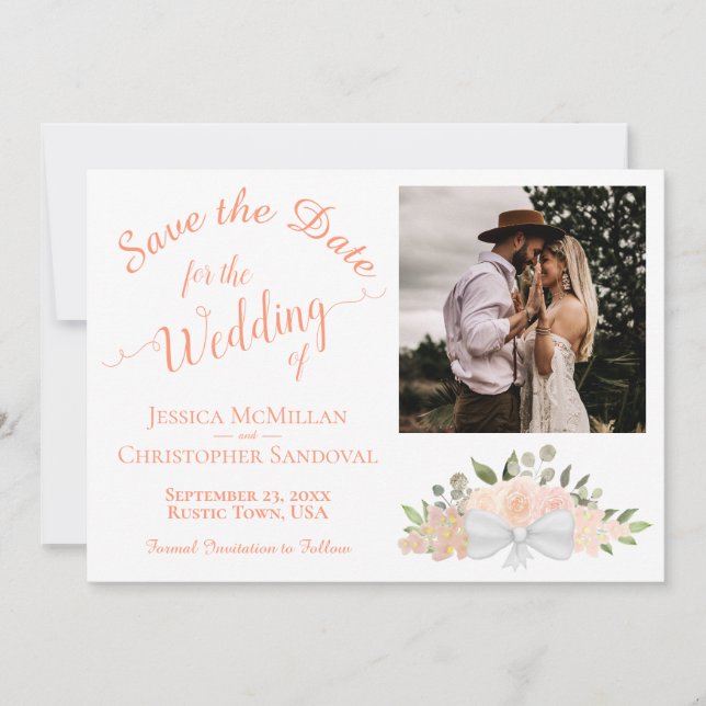 Reserva La Fecha Elegante Coral Peach Floral Bouquet & Photo Boda (Anverso)