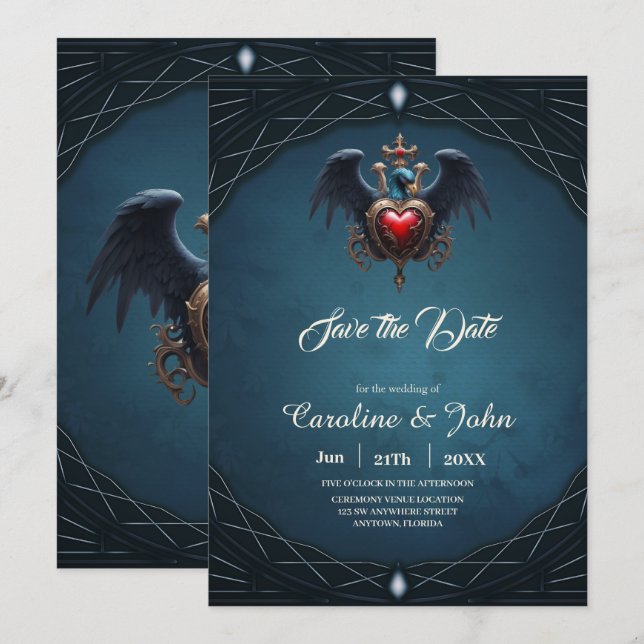 Reserva La Fecha Elegante corazón gótico con pájaro de fantasía. (Anverso / Reverso)