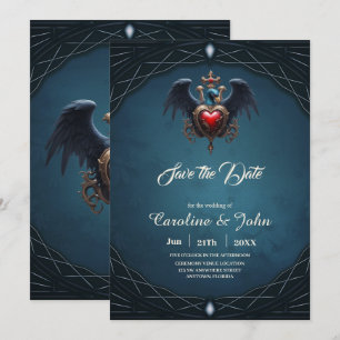 Reserva La Fecha Elegante corazón gótico con pájaro de fantasía.