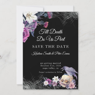 Reserva La Fecha Elegante Cráneo Floral Gótico Morado Negro Boda