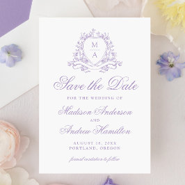 Reserva La Fecha Elegante Cresta Floral de Lavanda Monograma Boda