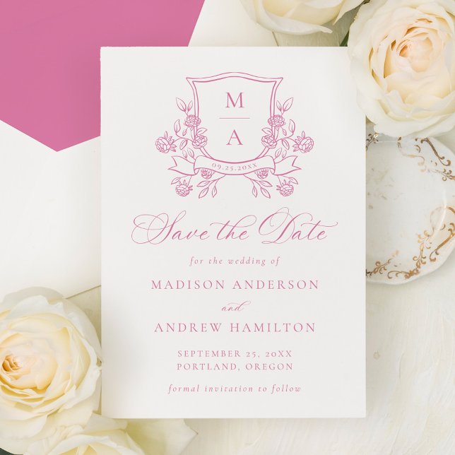 Reserva La Fecha Elegante Cresta Floral Rosa Boda (Subido por el creador)