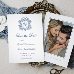 Reserva La Fecha Elegante Cresta Monograma Azul Vintage Foto de Bod