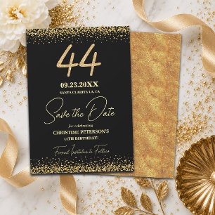 Reserva La Fecha Elegante Cumpleaños 44 Negro Dorado Brillante