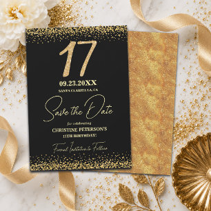 Reserva La Fecha Elegante Cumpleaños Brillante de Oro Negro 17