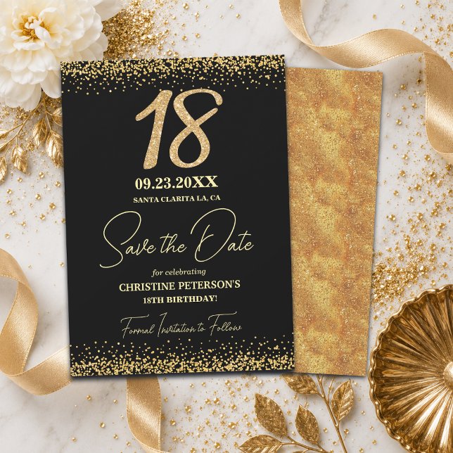 Reserva La Fecha Elegante Cumpleaños Glitter Oro Negro 18 (Subido por el creador)