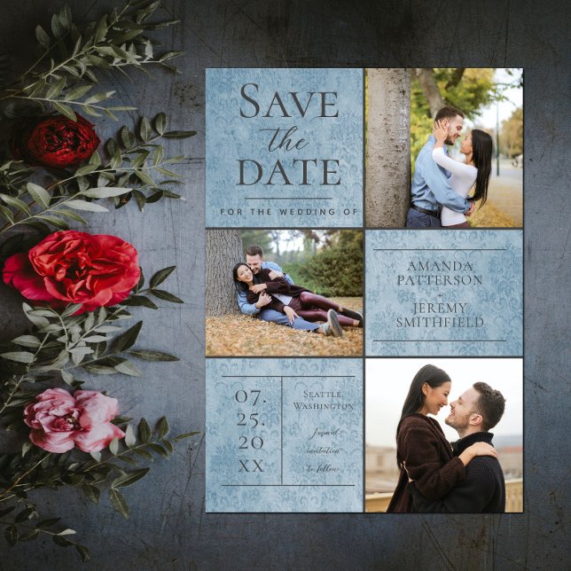 Reserva La Fecha Elegante Damask Tres Collages de fotos | Azul (Elegant Damask Three Photo Save the Date - Blue)