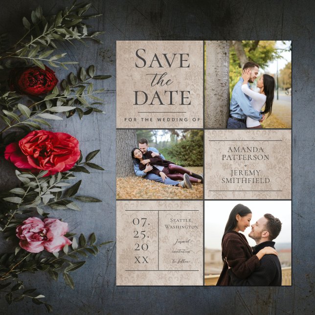 Reserva La Fecha Elegante Damask Tres Collages de fotos | Beige (Elegant Damask Three Photo Save the Date - Beige)