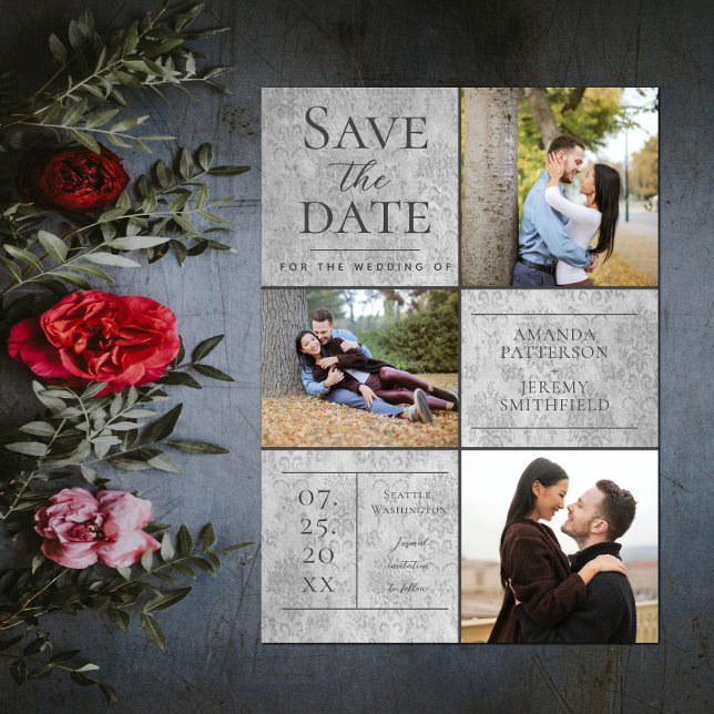 Reserva La Fecha Elegante Damask Tres Collages de fotos | Gris (Elegant Damask Three Photo Save the Date - Gray)