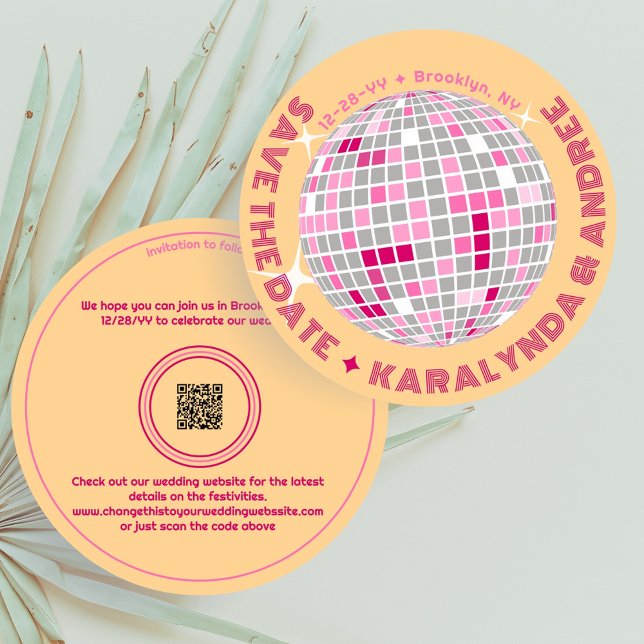 Reserva La Fecha Elegante Disco Ball Naranja Rosa Boda redonda (Elegant disco ball round Save the Date in pink and gold with QR code)