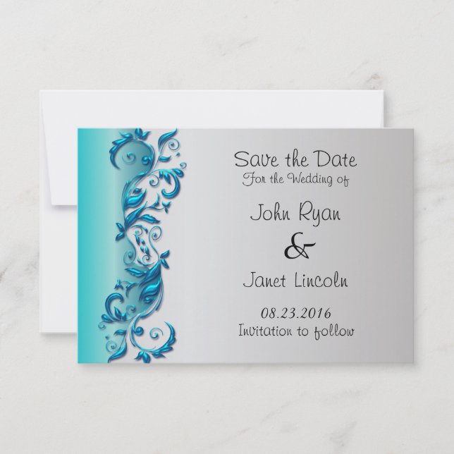 Reserva La Fecha Elegante diseño Boda Turquesa y Plata Florid (Anverso)