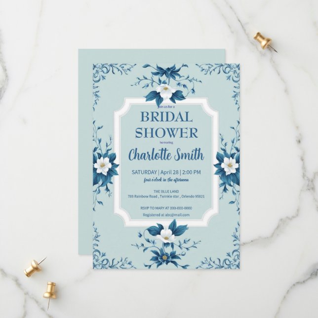 Reserva La Fecha Elegante ducha de boda floral de chinoiserie azul (Anverso/Reverso In Situ)