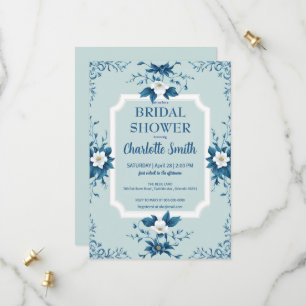 Reserva La Fecha Elegante ducha de boda floral de chinoiserie azul