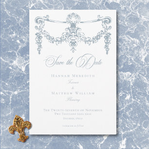 Reserva La Fecha Elegante Dusty Blue Chinoiserie Querubín Boda