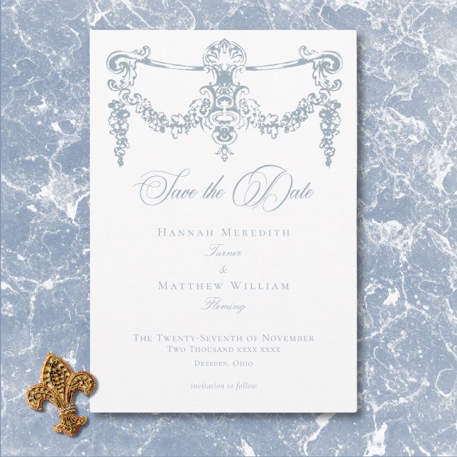 Reserva La Fecha Elegante Dusty Blue Chinoiserie Querubín Boda (Elegant Dusty Blue Chinoiserie Cherub Wedding Save The Date)