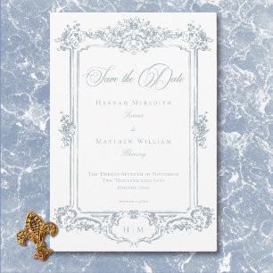 Reserva La Fecha Elegante Dusty Blue Chinoiserie Querubín Boda