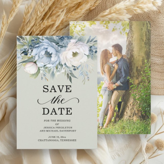Reserva La Fecha Elegante Dusty Blue Marfil Floral Sage Green Photo (Dusty blue and white floral on sage green wedding Save the Date photo card)