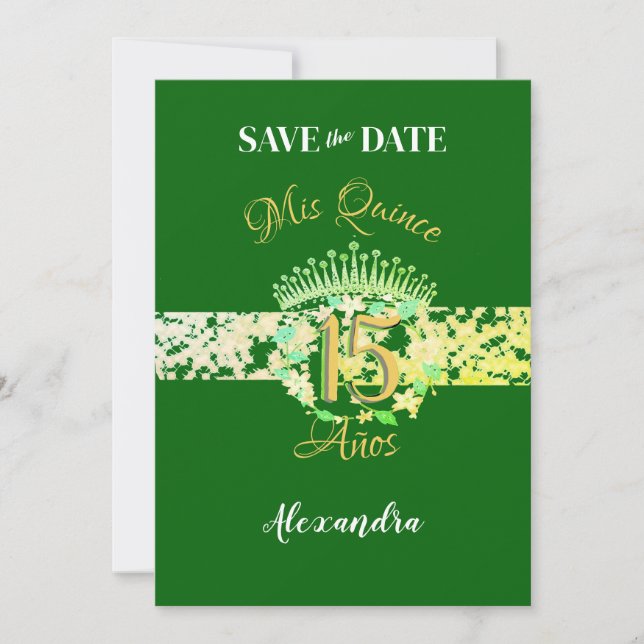 Reserva La Fecha Elegante Emerald Green Quinceañera Español (Anverso)
