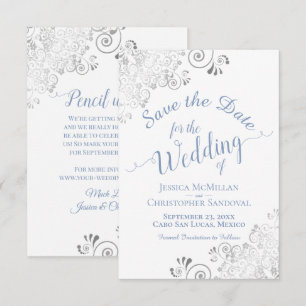 Reserva La Fecha Elegante Encaje de Plata Vinca Azul Blanco Boda