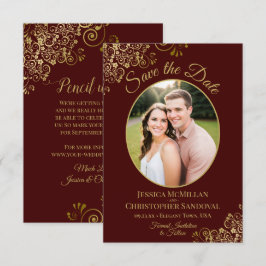 Reserva La Fecha Elegante encaje dorado y foto marrón rojizo boda