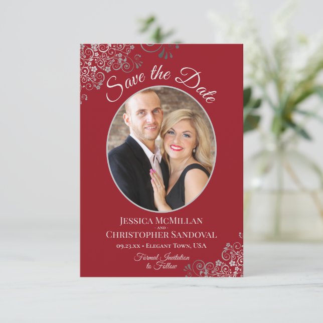 Reserva La Fecha Elegante encaje plateado sobre Boda de fotos rojas (Anverso de pie)