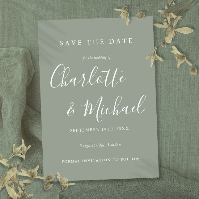 Reserva La Fecha Elegante escritura moderna (Elegant Modern Sage Green Script Wedding Save The Date)