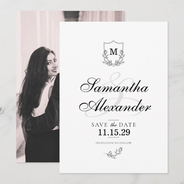 Reserva La Fecha Elegante Escudo blanco y negro (Anverso / Reverso)