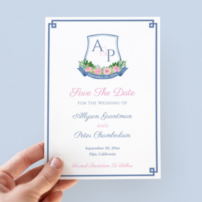 Reserva La Fecha Elegante Escudo Boda de la Marina de Monograma Ros (Preppy wedding save the date featuring a hand-painted watercolor navy and hot pink monogram crest)