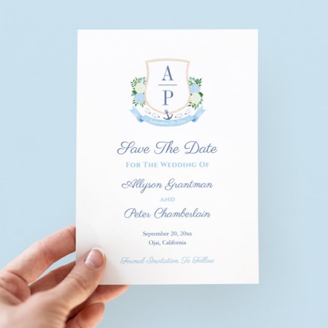 Reserva La Fecha Elegante Escudo Boda de Monograma Costero (Elegant coastal theme save the date with hand painted watercolor couples monogram)